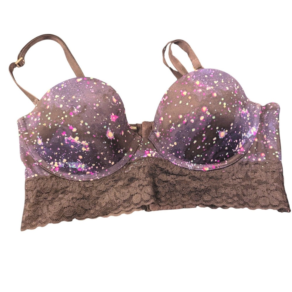 Victoria's Secret PINK Galaxy Bustier Bra 34B‎ Purple Lace Rhinestone Longline